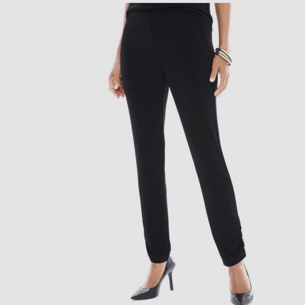 Chico's Travelers Black Pull On Straight Leg Pants Size 2 / L Stretch Ruched Hem